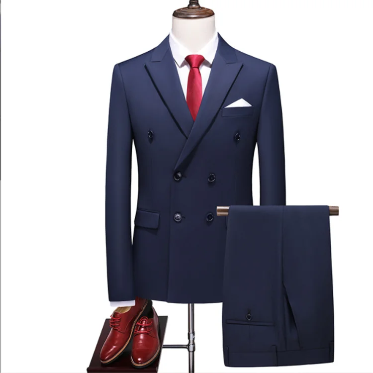 Men's Double-breasted Suits Solid Color Slim-fit Suit Jacket Pants