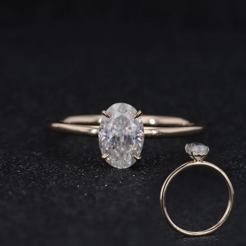 14K Solid Gold Ring Yellow Gold 5.5x8mm  Crushed Ice Cut Oval Shape Moissante Ring