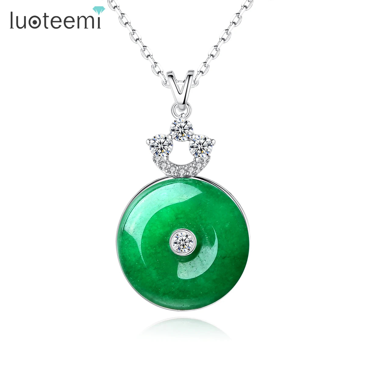 LUOTEEMI Jade Necklace Jewelry Brass Link Cage Round Flower Zircon with Green Jade Pendant Necklace