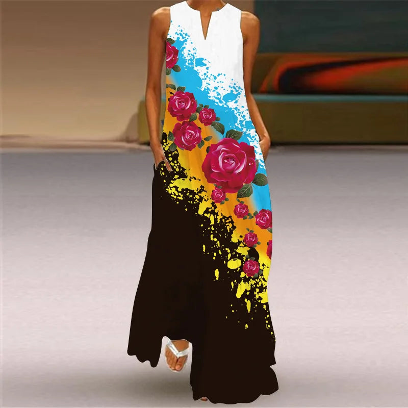 Summer Women Floral Print Dress Sleeveless V-neck Pocketed Lady Casual Plus Size Maxi Dress