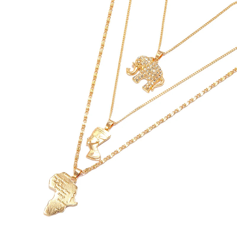 HOVANCI 3PCS/Set Chic Multilayer Elephant Human Head Maps Pendants Necklace Handmade Diamond Elephant Africa Map Charm Necklaces