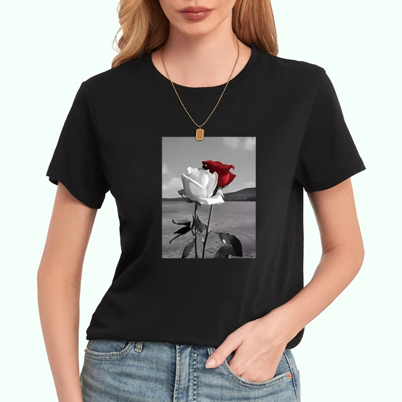 Women's Loose Fit Cotton T-Shirt Crew Neck Logo Solid Rose Breathable Quick Dry Short Sleeve Casual Eco-Friendly Fashion Style