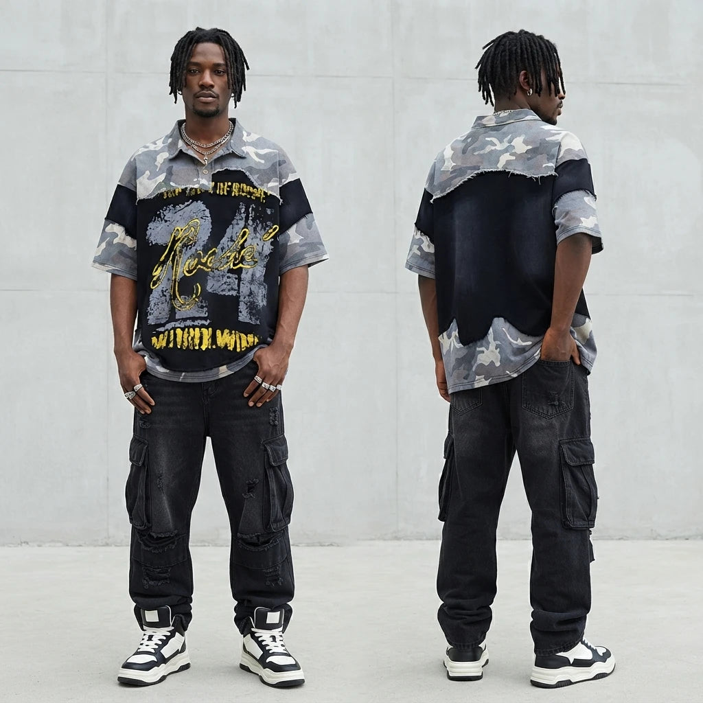 Mingmen OEM ODM Custom Men Vintage Camo Polo Shirt Heavyweight Distressed Patchwork Graphic Streetwear T Shirt MegaBDM