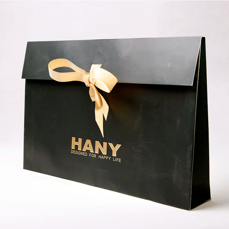 Custom Private Creative Ribbon Hand Tied Bow Bag Paper Logo Hair Extension Wig Paper Bag Packaging Private Label Shopping Bag