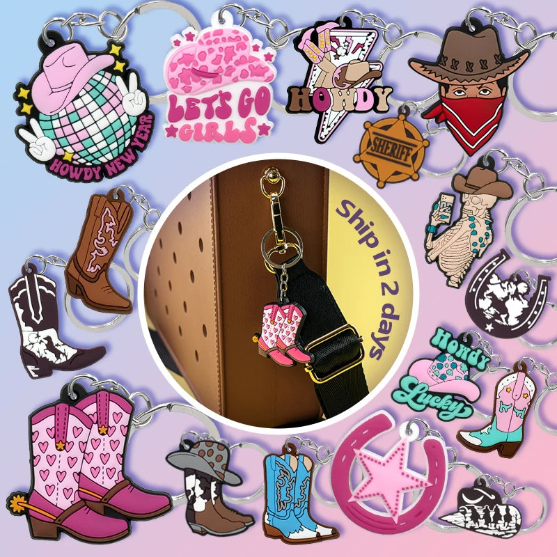 Fashion New Trendy Customizable Western Cowboy Style PVC Keychains Personalized Accessories for Gifts with Horseshoe Charms
