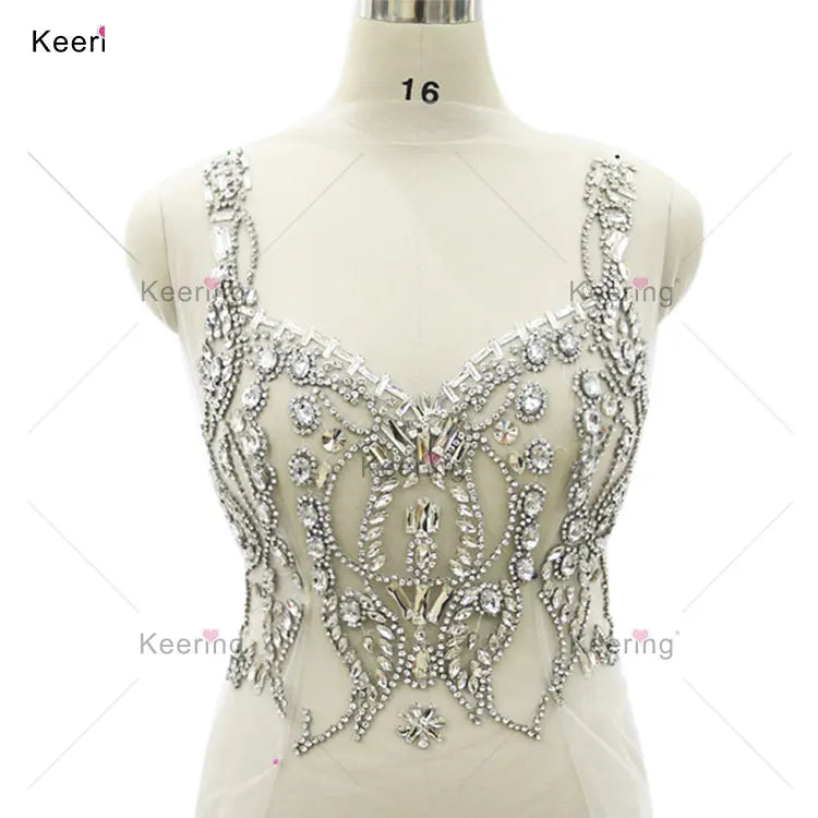 Hand-made Big Silver Crystal Rhinestone Bodice Panel for Wedding Dress WRA-802