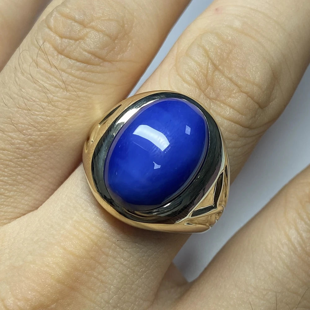 HQ GEMS Jewelry 10K Yellow Gold Ring 13x18mm Blue Star Sapphire Gemstone Rings for Men