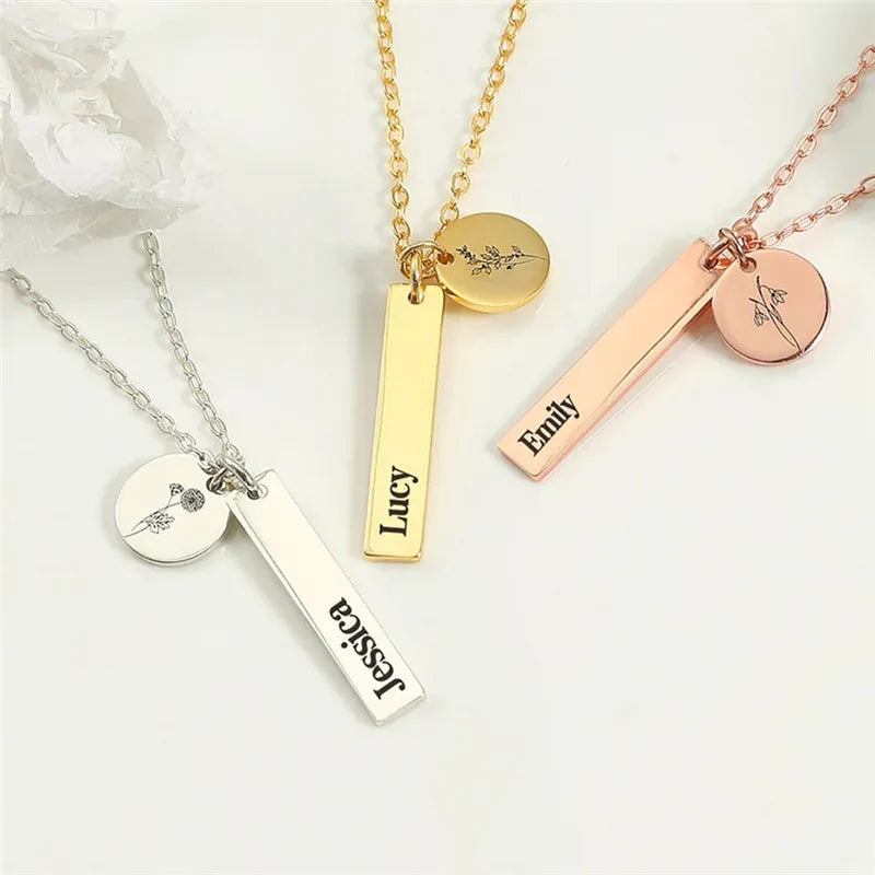 Stainless Steel Gold Plated Round Pendant Necklaces DIY Engraved Family Name Love Long Bar Necklace