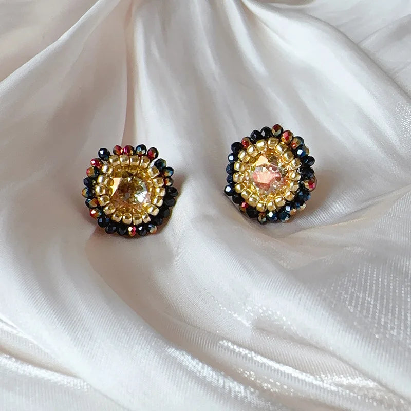 Women's Vintage Colorful Beaded Earrings Original Dark Light Jewelry Stud with Gold Plating for Party & Gift