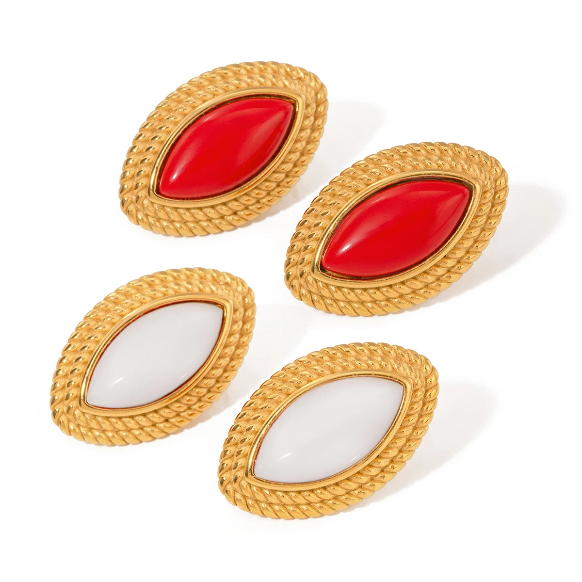 Popular 18K Gold Plated Earrings Stainless Steel Vintage Red White Agate Stone Oval Stud Earrings for Girls for Women