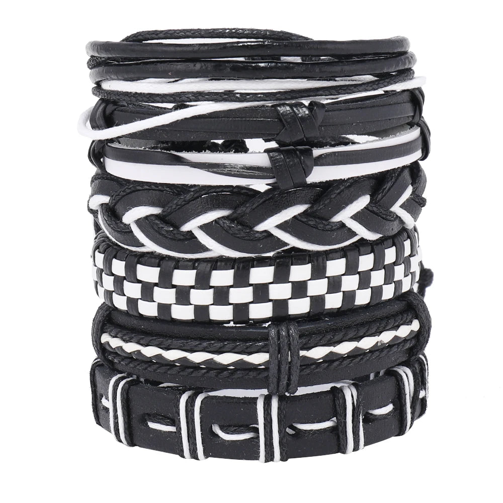 New Arrival Black&white Vintage Leather Woven Zinc Alloy Flower Pattern 6pcs/set Unisex Bangles Jewelry for Daily Life