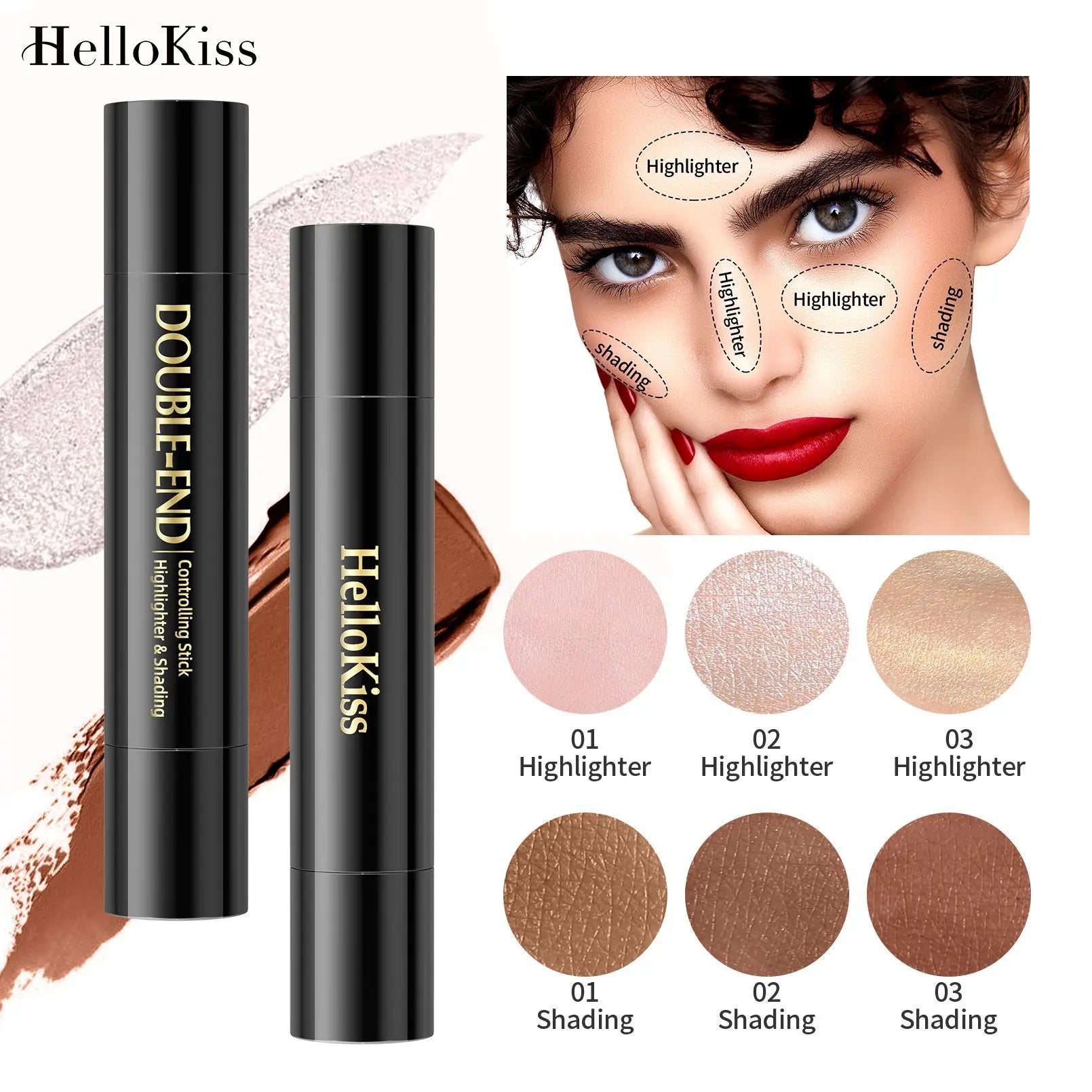 HelloKiss Double-Head Highlighter Toner Stick Pearlescent Stereo Natural Brightening Retouching Face Shadow Makeup Body Glitter
