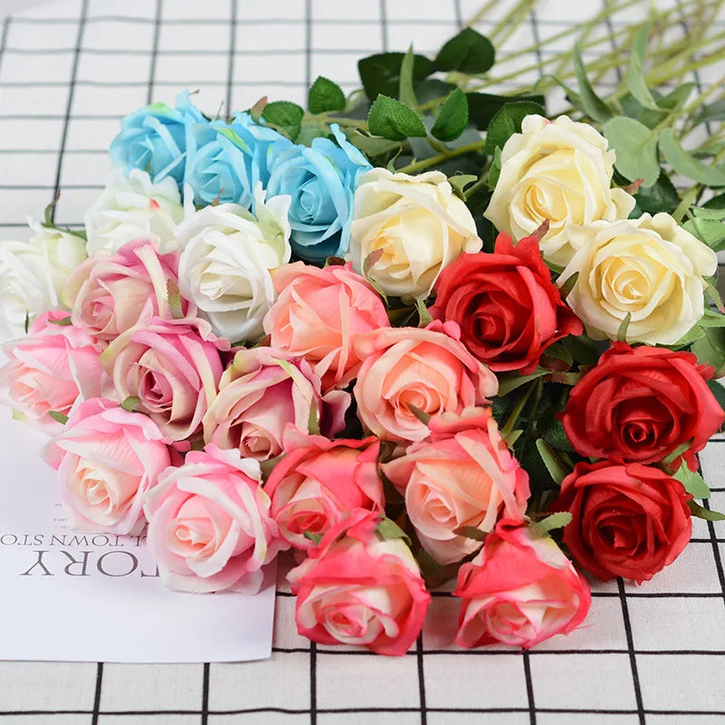D186 Hot Sale Single Rose Flowers Artificial Silk Flowers Rose for Wedding Decoration Artificial Single Rose Flower Branch