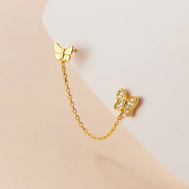 Small Zircon Butterfly Shape Double Studs Earings 925 Sterling Silver Gold Plated Chain Earrings Fashion Jewelry for Women