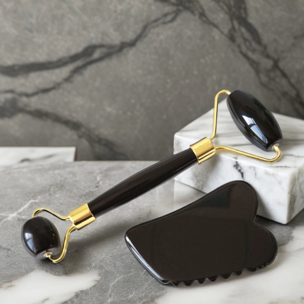 HZ High Quality Korean Skin Care Obsidian Gua Sha Tool Natural Crystal Roller Set Factory Price Healthy Facial Beauty Tool MegaBDM