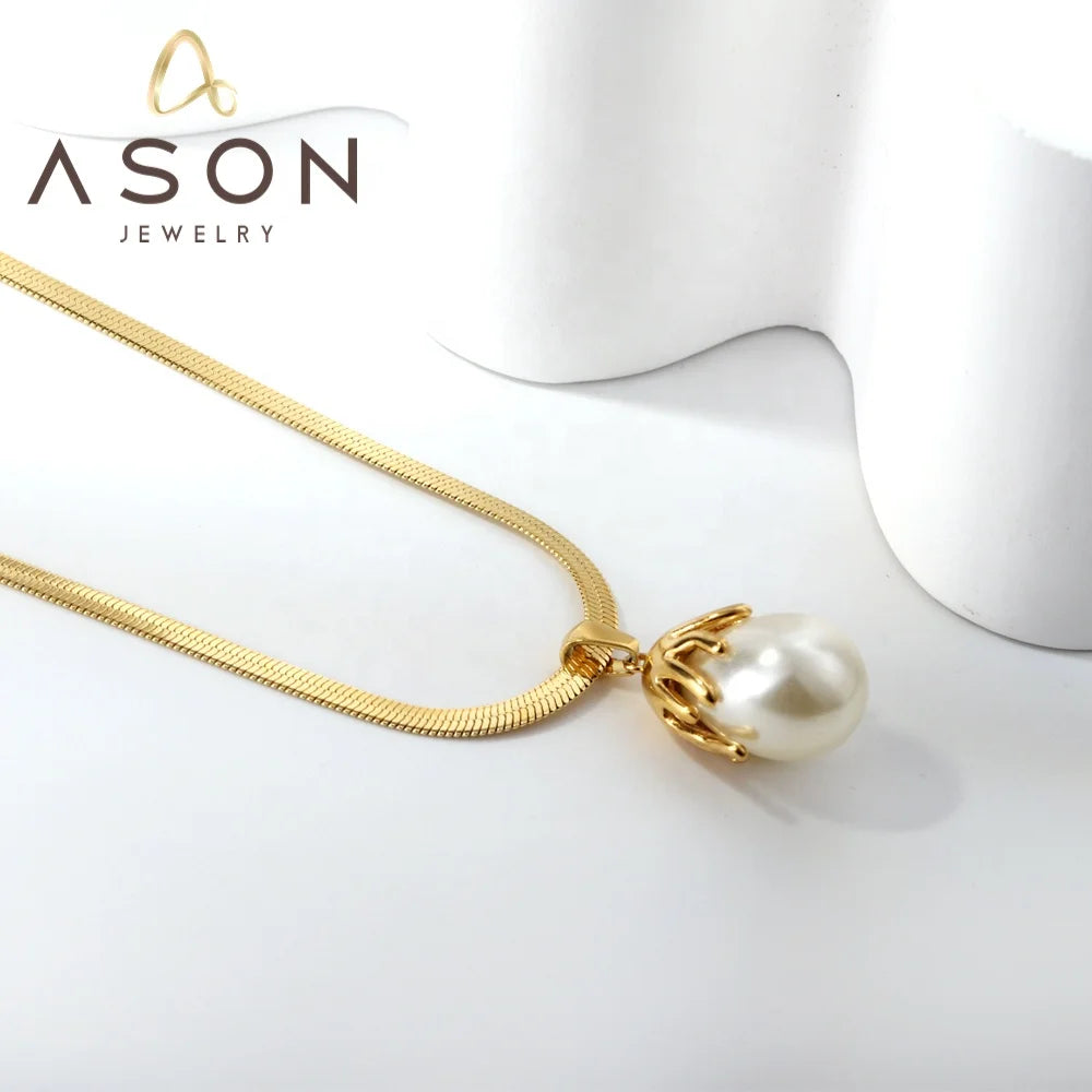 Ason 2023 New Not Tarnish Women Fashion Necklace 18k Gold Plated Stainless Steel Snake Chain White Pearl Pendant Necklace
