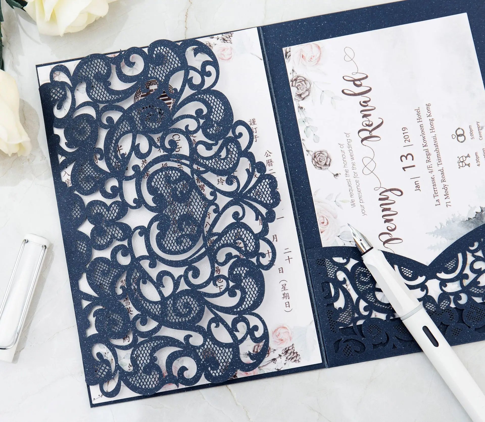 Sapphire Luxury Quinceanera Wedding Invitations Glitter Laser Cut with Hot Stamping Paper Finish Wedding Cards Printing
