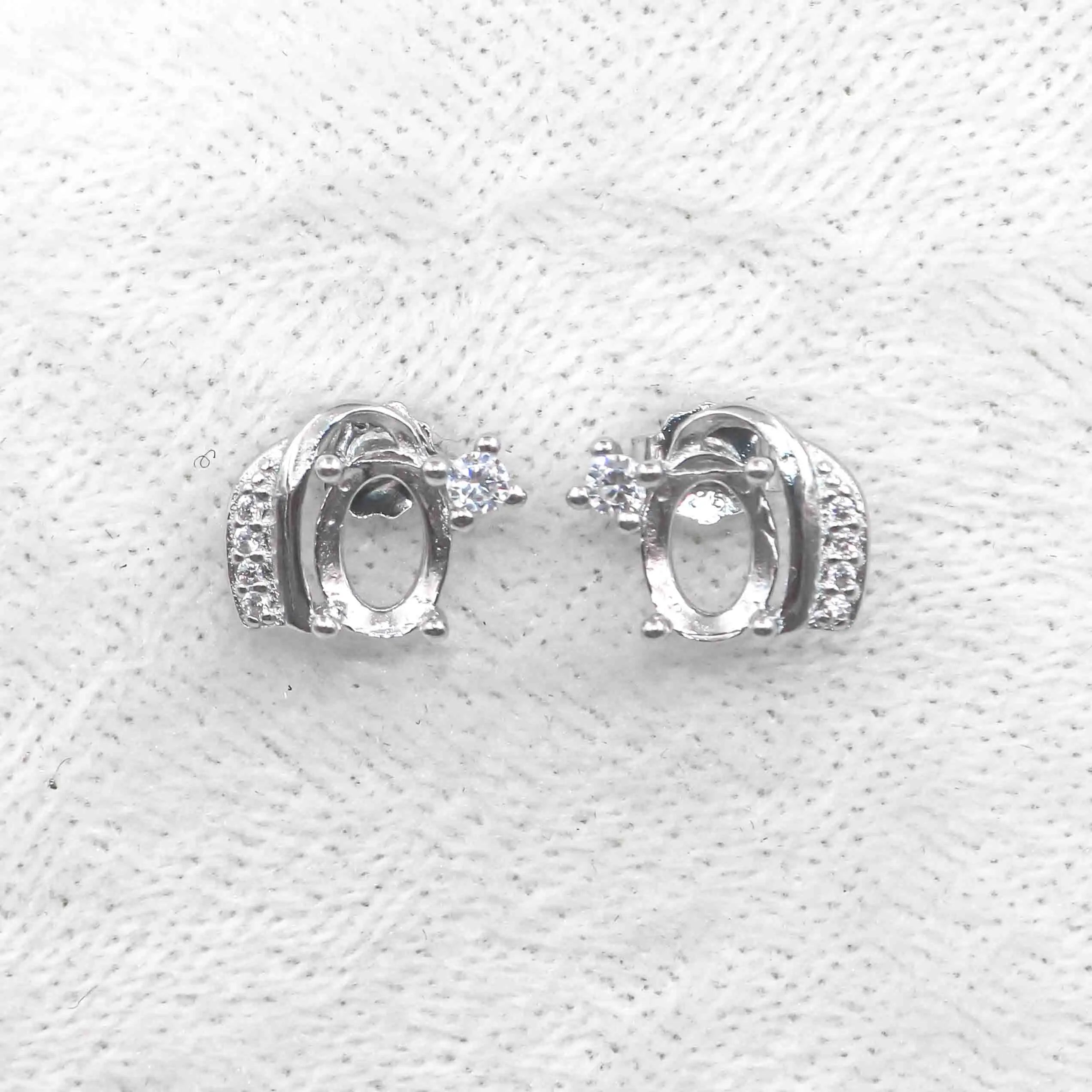 Sterling Silver 5*7mm Semi Mount Stud Earrings Empty Frame Support Blank Setting S925 Base Without Center Stone for DIY Inlay