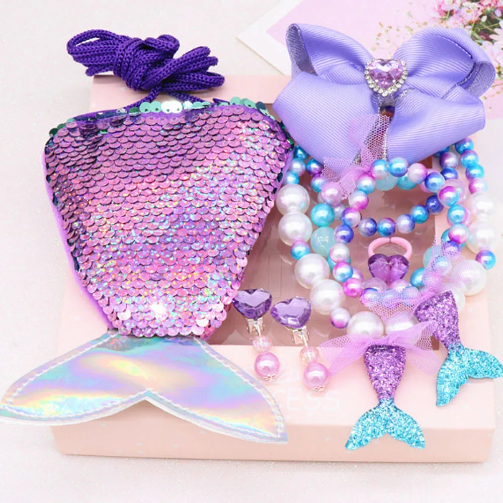 Plastic Pearl Beads pink and Blue Kids Jewelry Girls Christmas Beads Mermaid Pendant Jewelry Sets for Children Gift Package