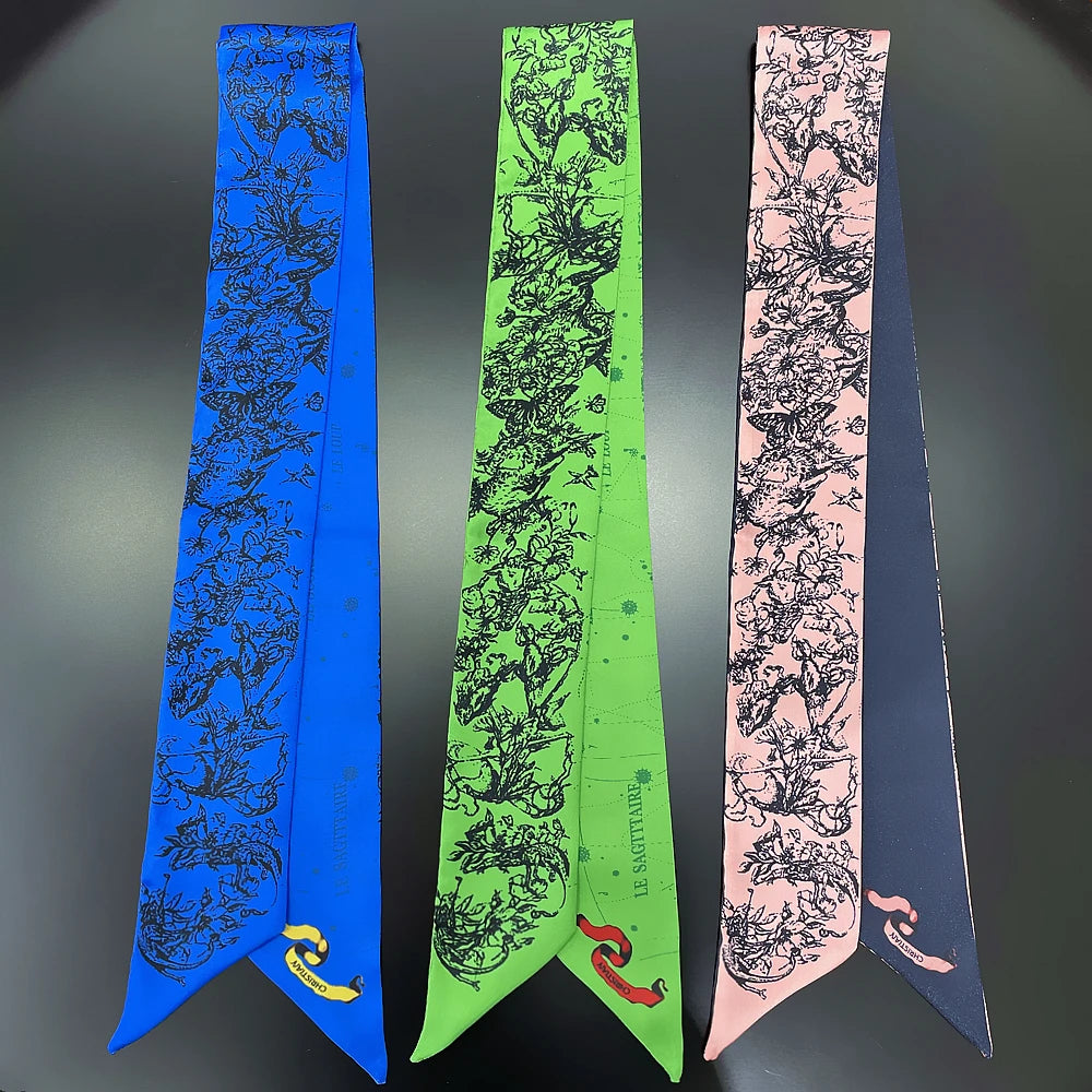 2022  Flowers Printed Multifunctional Woman Twill Silk Decorative Designer Scarf for Bags