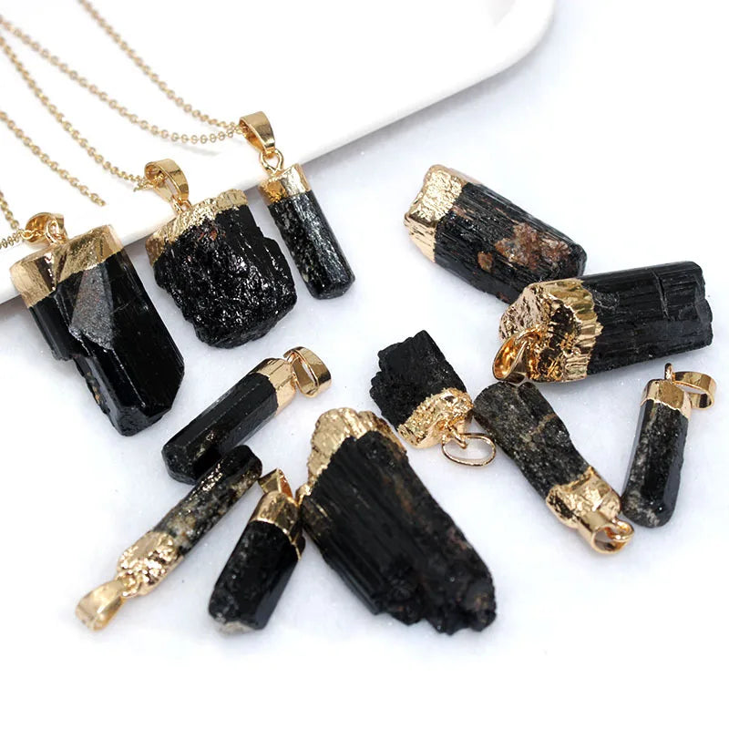 Electroplating Edging Natural Stone Natural Black Tourmaline Rough Stone Pendant Necklace for Men and Women
