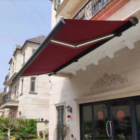 Wall Mounted Full Cassette Type Motorized Retractable Awning with Adjustable LED Light for Balcony and Patio