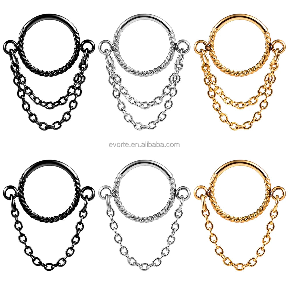 Evorte 16L Stainless Steel Layers Nose Chain Ear Cuff Seamless Septum Clicker Hoop Septum Ring Nose Piercing Children's Wedding