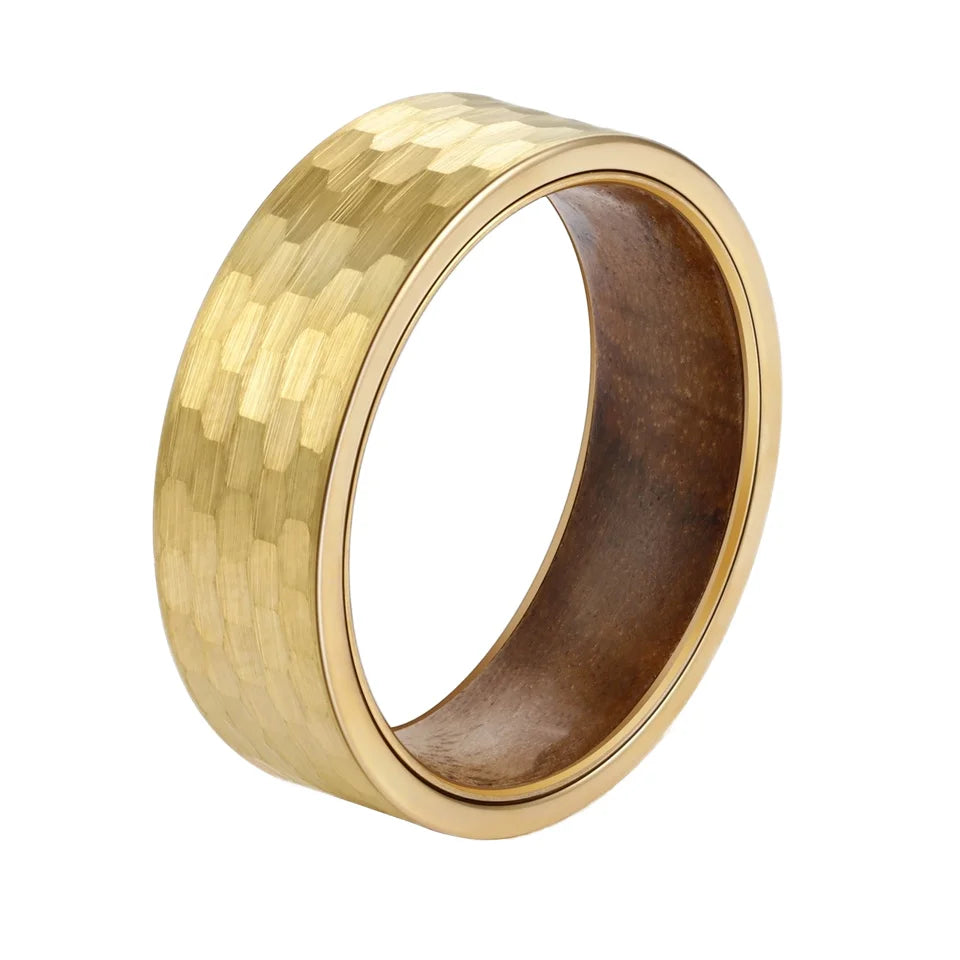 POYA Hammered Tungsten Ring Men's 8mm Gold Plated Wedding Engagement Band Koa Wood Inside Comfort Fit