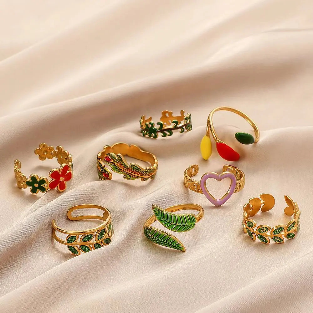 Fashion Trendy Unique Creative Resizable Stainless Steel Enamel Leaf Heart Flower Finger Ring Jewelry Women Rings Accessories
