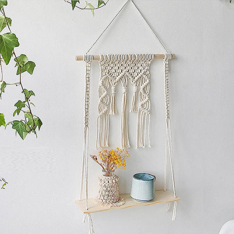 Bohemian Handmade Woven Wall Decoration Shelf Hanging Storage Shelf with Wood Plate for Home Stay Decoration