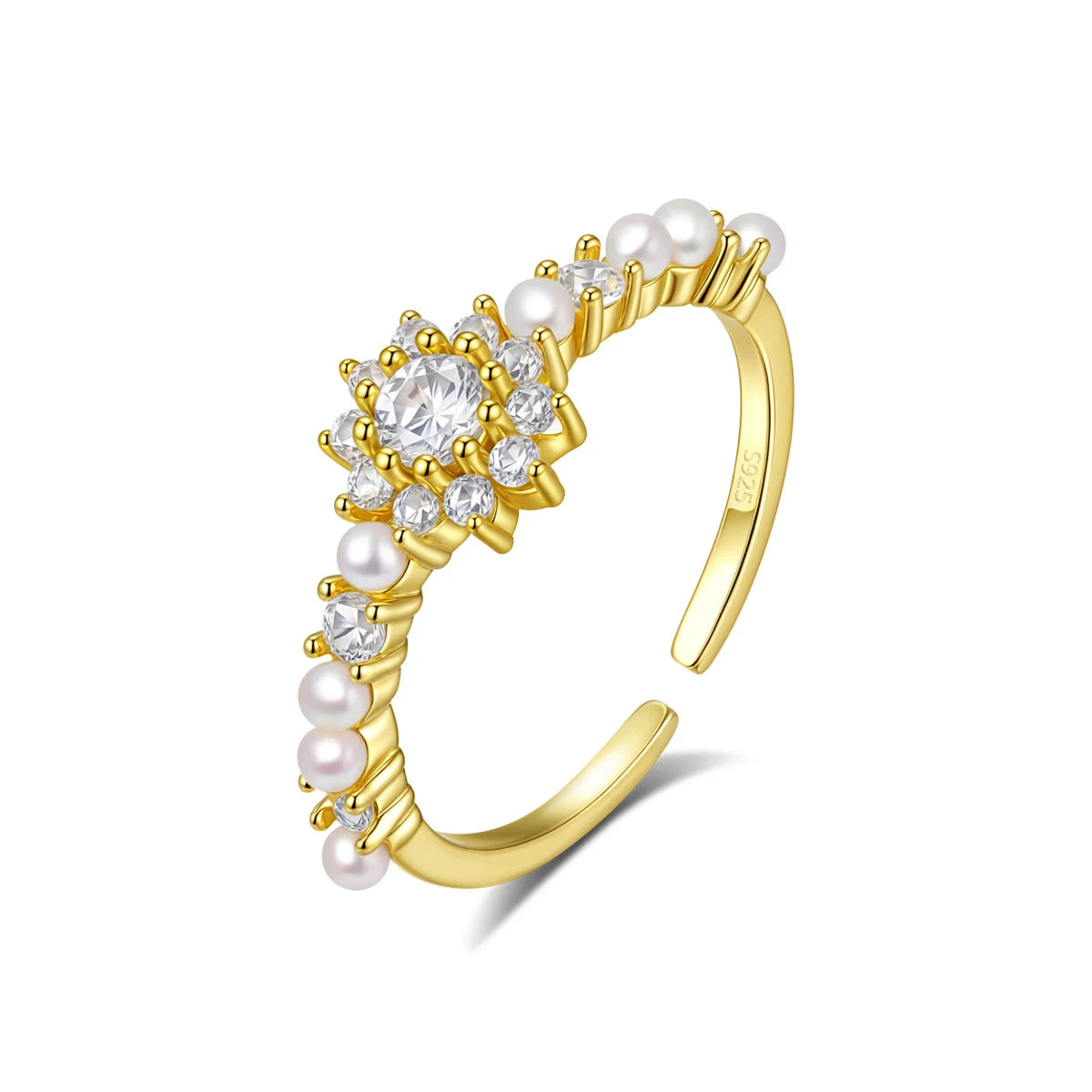 Daidan Resizable Rings 925 Silver Ladies 14K Gold Plated Pearl Zirconia Sunflower Ring
