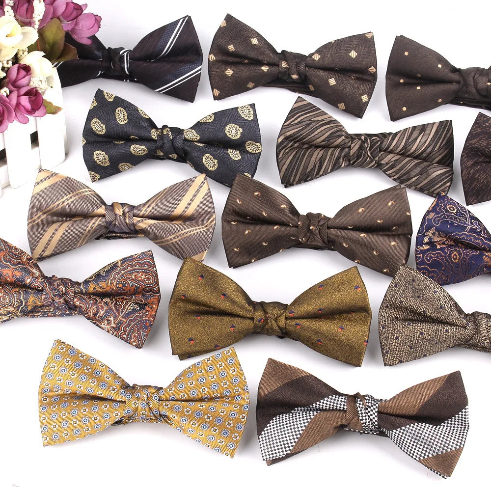 Men's Brown Polyester Jacquard Bow Tie and Cravat Casual Collar with Butterfly Knot for Wedding and Party