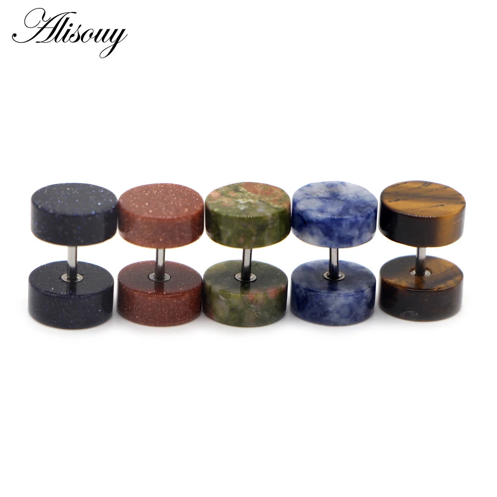 Alisouy 2 Pieces Women Men Natural Stone Tunnels Trendy Stud Earrings Tragus Cartilage Piercing Body Jewelry