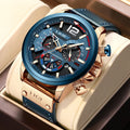 LIGE LG8959 Leather Analog Quartz Chronograph Waterproof Wrist Watches for Men Fashion Designer Dress Watch Calendar+ Gift Box