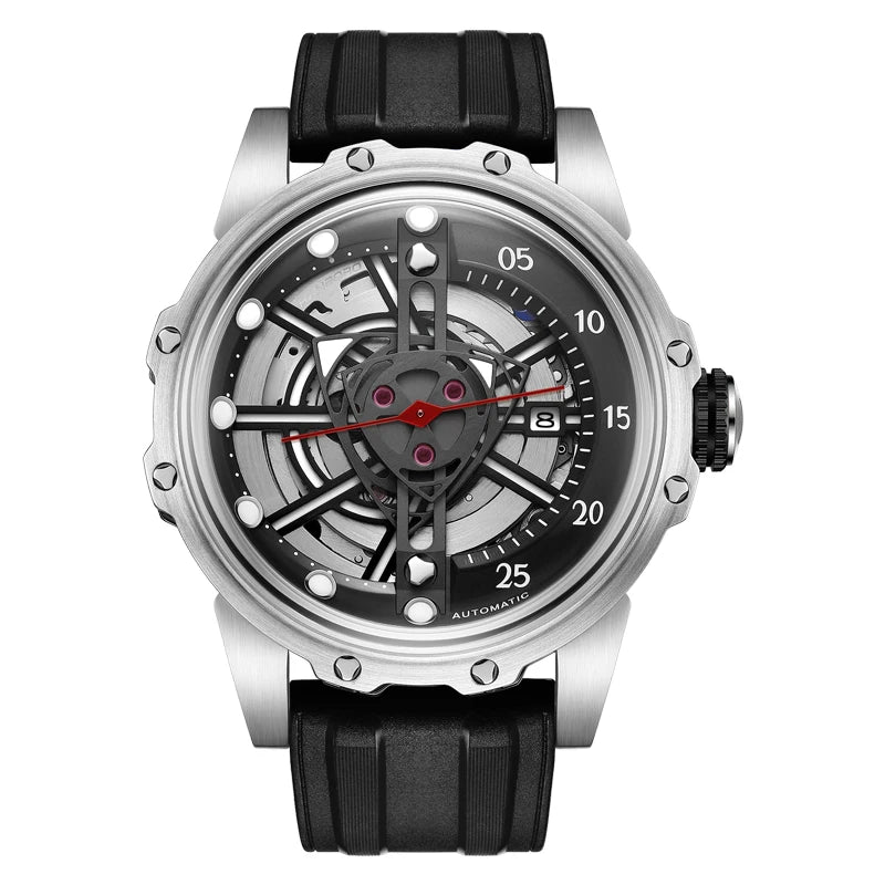 Men's Luxury Mechanical 316L Stainless Steel Watch Exquisite Frame Pointer Dial Calendar Fully Automatic Rubber 22mm Width Glass