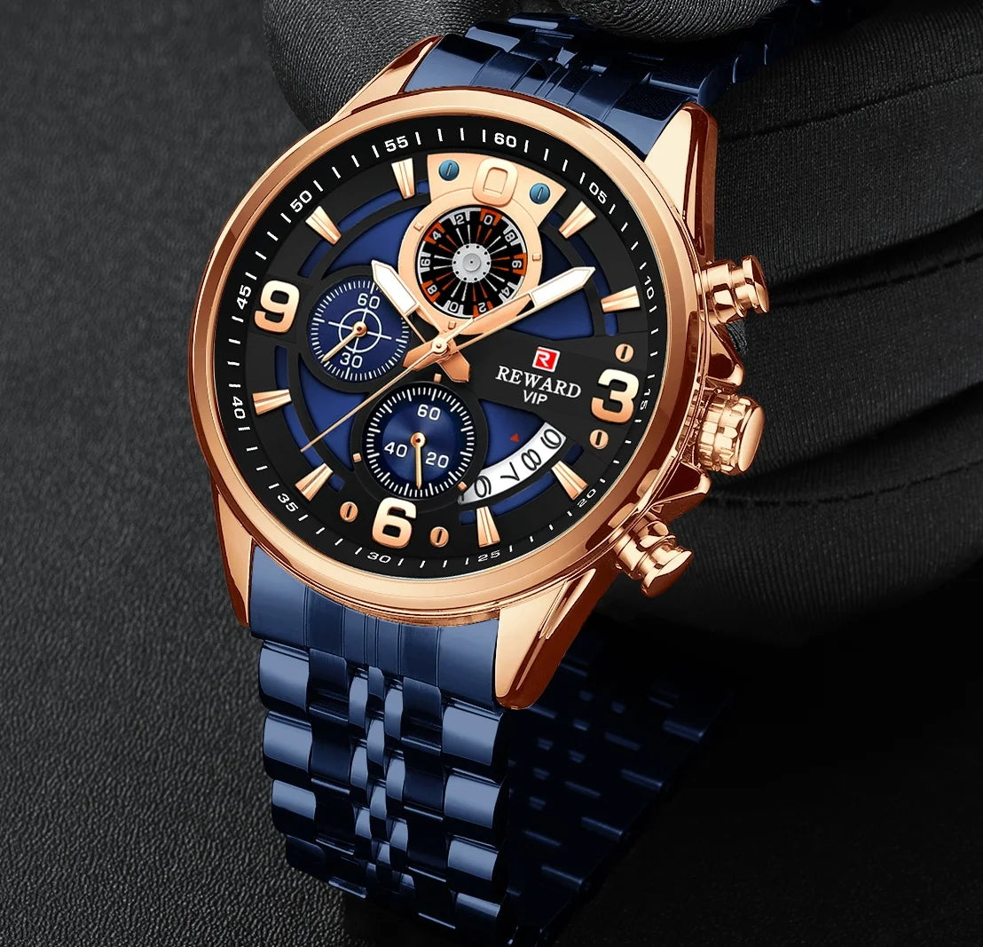 Luxury Man Wrist Watches Manufacturer Stainless Steel Chronograph Custom Logo Quartz Watch for Men REWARD