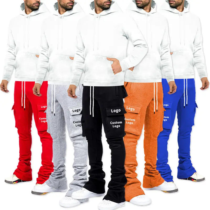 Drawstring Plain French Terry Mens Stacked Joggers With Pockets Cargo Jogging Heavy Weight Cotton Loose Unisex Flare Sweatpants