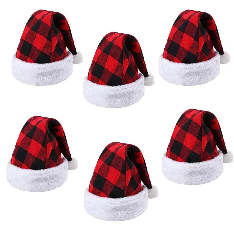 2026 New Design Polyester Christmas Decorations Hat Black Red Plaid Hat Winter Christmas Hat