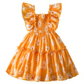 2025 Summer New Girls Dress Korean Style Ruffled Flying Sleeves Princess Dress Children Smocking Printed Dress