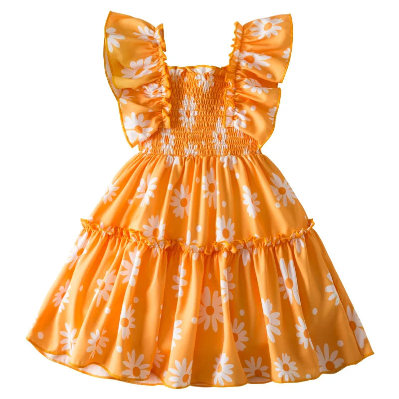 2025 Summer New Girls Dress Korean Style Ruffled Flying Sleeves Princess Dress Children Smocking Printed Dress