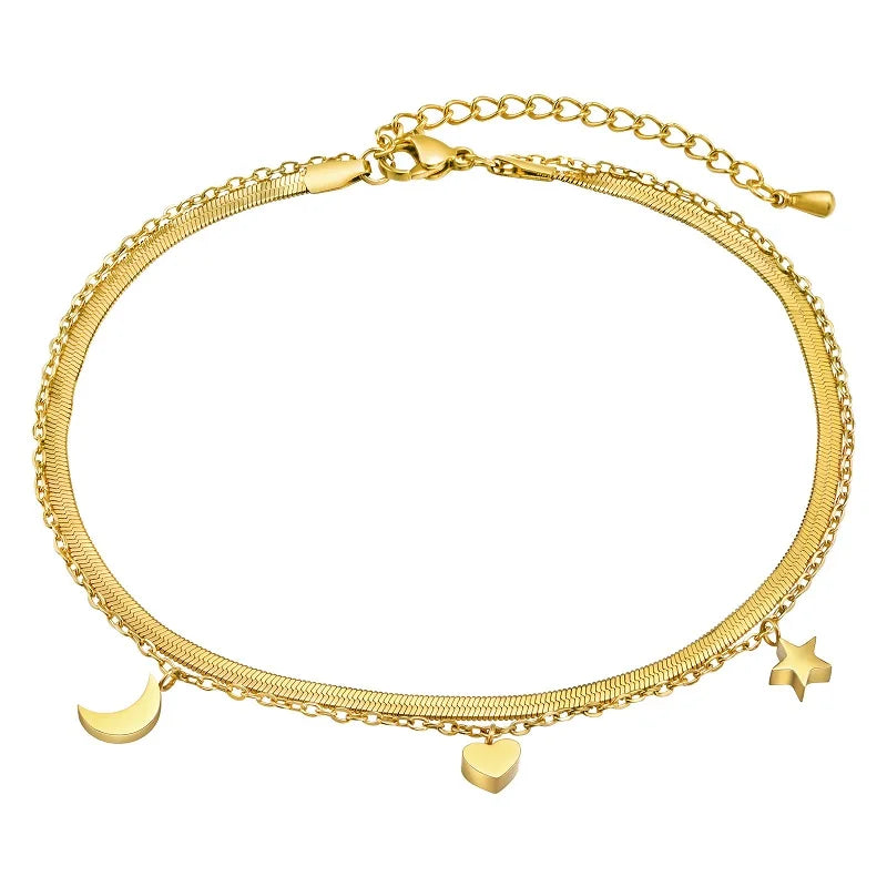 Fenny Jewelry 18K PVD Plated Wholesale Charm Romantic Crescent Star Heart Pendant Herringbone Stainless Steel Anklet for Women