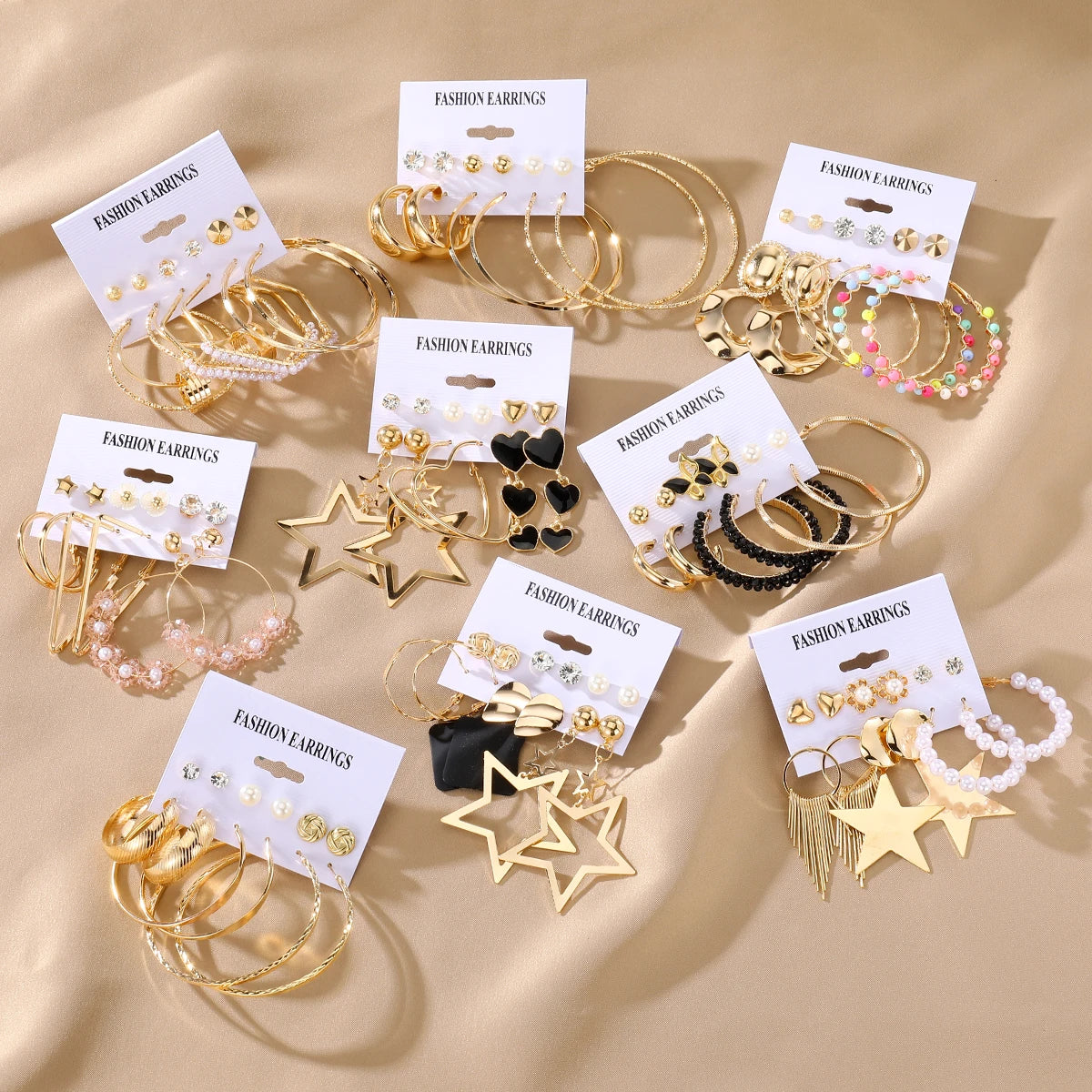 New Trendy Punk Gold Star Geometric Pearl Hoop Earring Set for Women Jewelry Set Circle Drop Stud Earrings Set
