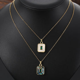 Personality Retro Abalone Shell Necklace Fashion Brass Plated 18K Gold Inlaid Shell Zircon Square Pendant Necklace