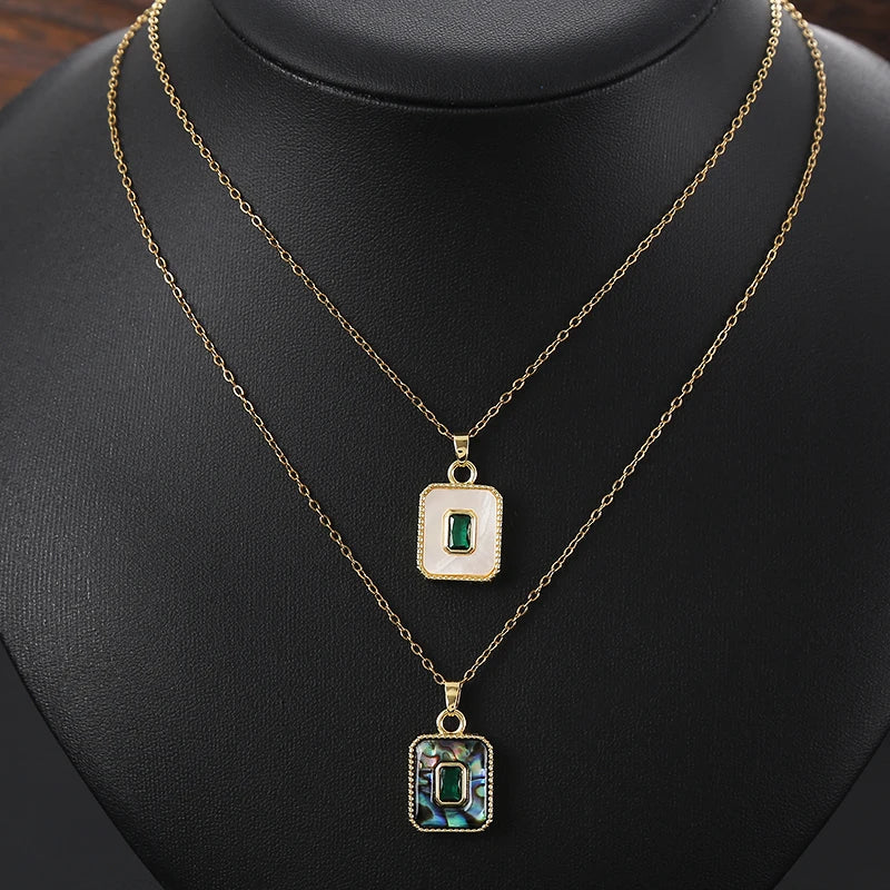 Personality Retro Abalone Shell Necklace Fashion Brass Plated 18K Gold Inlaid Shell Zircon Square Pendant Necklace