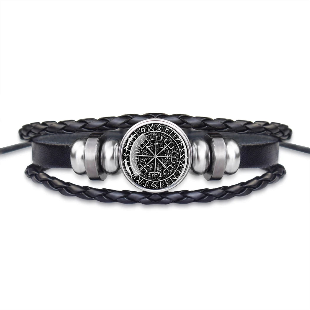 Nordic Rune Odin Pattern Punk Leather Bracelet Fashion Men'S Jewelry Amulet Gift Viking Compass Bracelet