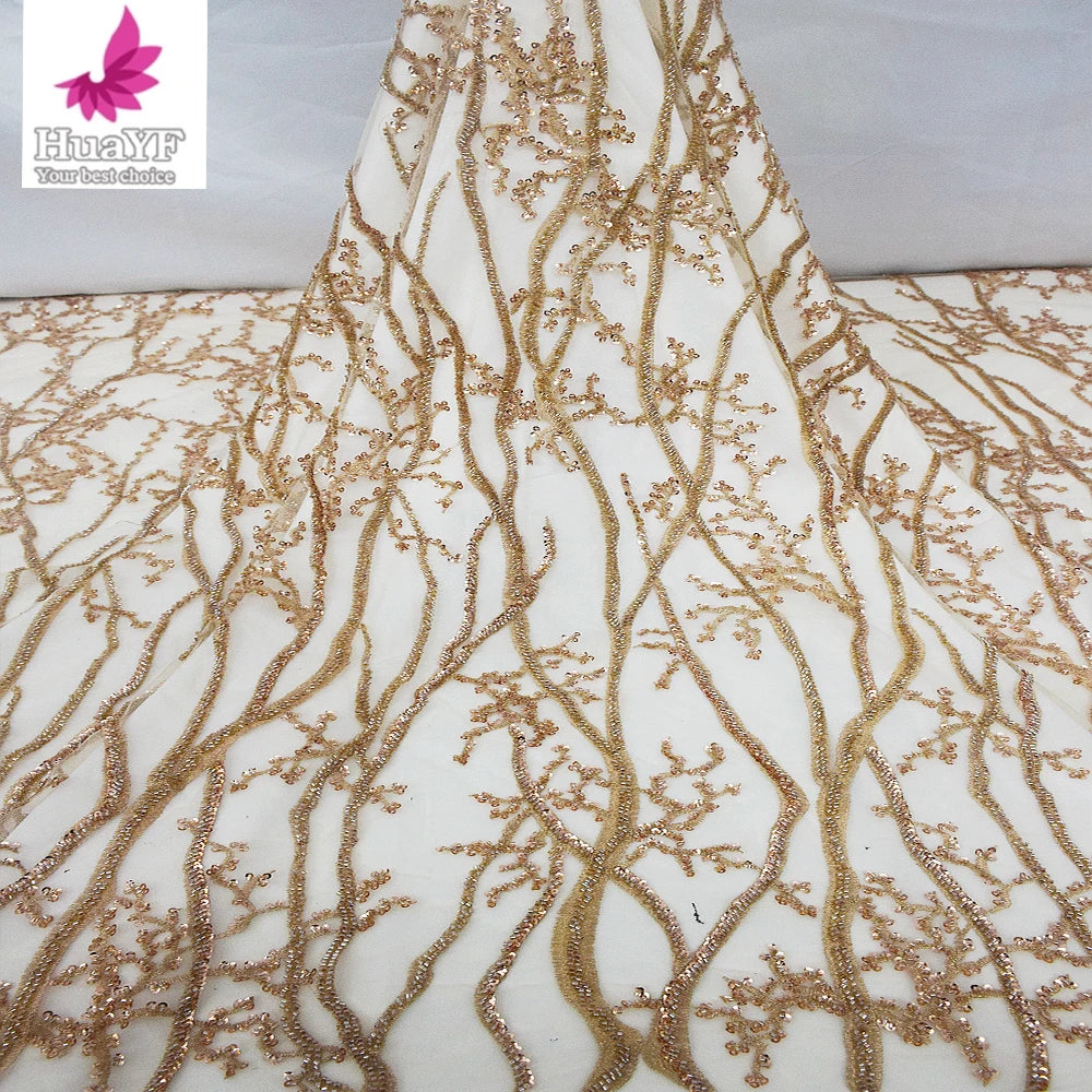 HY2158 Hot Sale Embroidery With Beads Sequence Luxury Beaded Lace Fabric Wedding Bridal Gown Dress Mesh Fabric