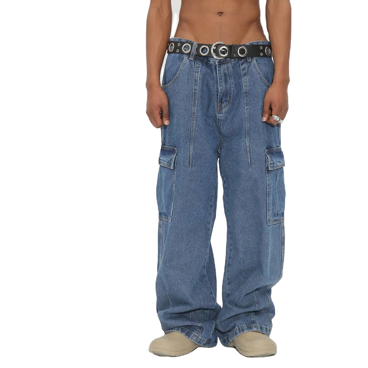 2024 New Design Cargo Jeans Men Side Pocket Designs Baggy Men Jeans Fashion Loose Denim Jeans