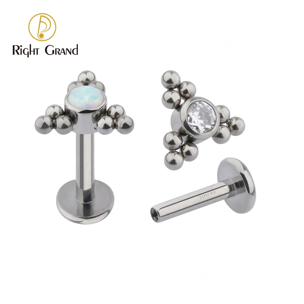 Implant Grade Titanium ASTM F136 Internally Threaded Tops With Single CZ and Triple Ball Clusters Labret Ring