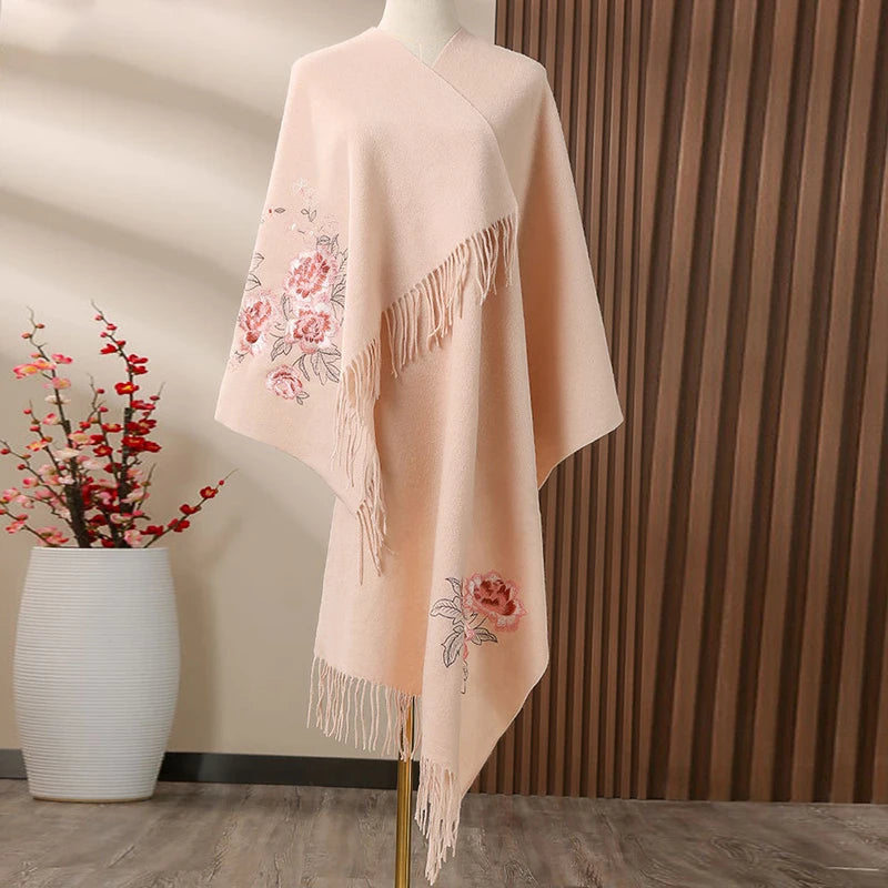 LOGO Custom Shawl Women 100% Wool Embroidered Flower Warm Soft Luxurious Christmas New Year Shawl Women Wool Scarf With Tassels