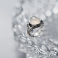 Vintage Thai Silver White Jade Open Ring 925 Sterling Silver Big Stone Flower Leaf Jewelry for Women